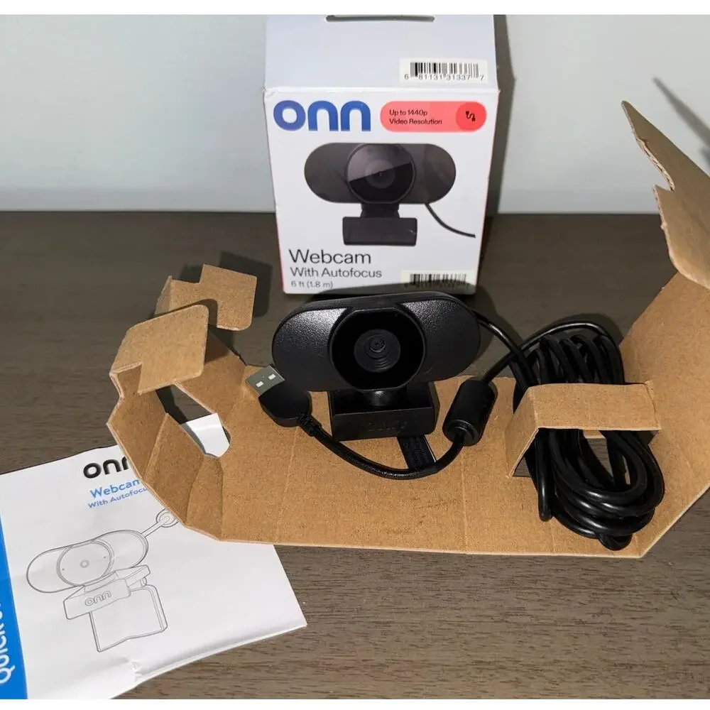 onn 1440P Webcam with Autofocus and Built-in Microphone, Adjustable, Black